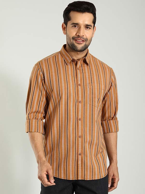 Indian Terrain Men's Regular Fit Full Sleeve Striped Brown Shirt